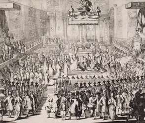 De kroning van Willem van Oranje (1650-1702) en Maria (1662-94) in Westminster Abbey, 21 april 1689