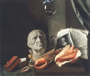Vanitas stilleven met een buste, schelpen, boeken en glazen flessen