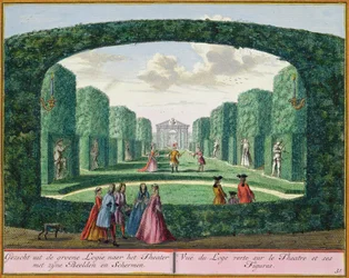 Uitzicht vanaf de groene loggia naar het theater, uit Het Zegenpralent Kennemerlant, door Hendrick de Leth en Matthias Brouerius Van Nidek, gepubliceerd ca. 1700-1730