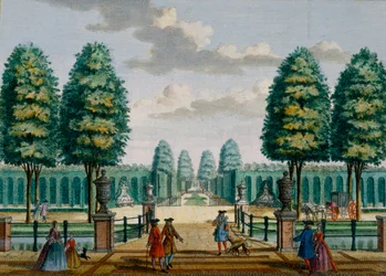 Uitzicht vanaf het huis naar de voordeur, Meerestein, uit Het Zeganpralent Kennemerlant door Hendrick de Leth en Matthias Brouerius Van Nidek, gepubliceerd ca. 1700-1730