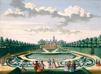 Uitzicht op Adrichem House met de tuin en grote vijver, uit Het Zeganpralent Kennemerlant door Hendrick de Leth en Matthias Brouerius Van Nidek, gepubliceerd ca. 1700-1730