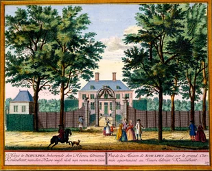 Uitzicht op Schulpen House, uit Het Zeganpralent Kennemerlant door Hendrick de Leth en Matthias Brouerius Van Nidek, gepubliceerd ca. 1700-30