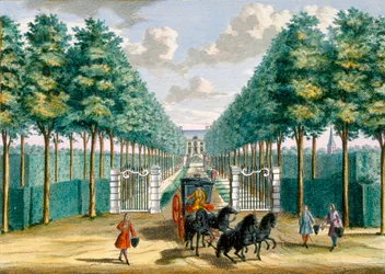Uitzicht op Huis Velserbeek vanaf de oprijlaan en ingang, uit Het Zeganpralent Kennemerlant door Hendrick de Leth en Matthias Brouerius Van Nidek, gepubliceerd ca. 1700-1730