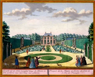 Zicht op het Huis en de Tuin nabij de triomfboog, uit Het Zeganpralent Kennemerlant door Hendrick de Leth en Matthias Brouerius Van Nidek, gepubliceerd ca.1700-30