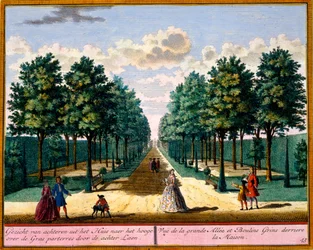 Uitzicht op de wandelweg aan de achterkant van het huis, uit Het Zeganpralent Kennemerlant door Hendrick de Leth en Matthias Brouerius Van Nidek, gepubliceerd ca. 1700-30