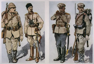 Turkse infanterist en officier (links) en Bulgaarse infanterieofficier en soldaat van 1917 (rechts) van 1917