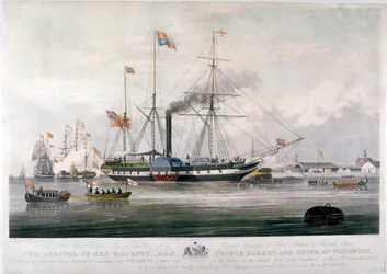 Koningin Victoria en Prins Albert arriveren bij de Koninklijke Scheepswerf, Woolwich, Kent, 1843