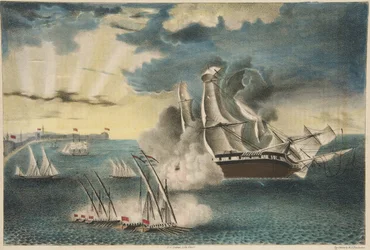 De Amerikaanse Fregat Philadelphia op de Rotsen bij Tripoli, uit Army and Navy Magazine, uitgegeven 1840