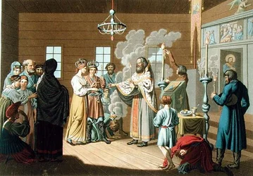 Het Russische Huwelijk, gegraveerd door X. Wagner
