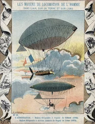 Luchtschip uitgevonden door Henri Giffard in 1852 en Navigeerbaar luchtschip uitgevonden door Dupuy de Lome in 1872 - Van een beschermhoes voor schoolboeken, eind 19e eeuw - Luchtschip door Henry Giffard (1825-1882) 1852 en de ballon haubanne door Henri Du