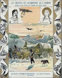 Transporttanks - De Hunnen van Attila (ca. 395-453) - Barbarse invasies - illustratie door E Letellier - Beschermt historisch notitieboek, eind 19e eeuw