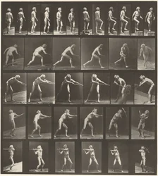 Plaat nummer 521. A: Lopen. B: Opstapje. C: Werpende schijf. D: Schop gebruiken. E, F. Pikhouweel gebruiken,1887 (foto)