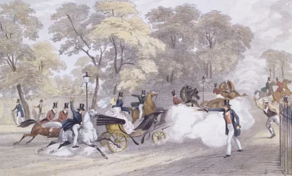 De poging van Edward Oxford om koningin Victoria en prins Albert te vermoorden op Constitution Hill, op de avond van woensdag 10 juni, gegraveerd door J. R. Jobbins.