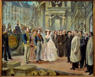 Napoleon III en keizerin Eugenie bezoeken de werken van de Opera Garnier in Parijs