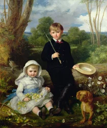 Portret van een Broer en Zus met hun Huisdierhond in een Bosrijk Landschap