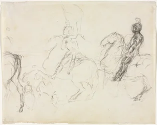Slagveld met gepantserde figuren te paard (recto) Twee zittende vrouwen (verso)
