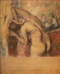 Vrouw op haar toilet (pastel en houtskool)