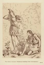 De rivaliserende neven en nichten, Palamon uit zijn schuilplaats (litho)