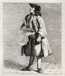 De roeper van de winnende nummers (Loterij) - Klein beroep van Parijs (Études prises dans le bas Peuple, ou les Cris de Paris) - gravure door Edme Bouchardon (1698-1762)