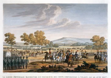 De Keizerlijke Garde manoeuvreert in aanwezigheid van de twee keizers in Tilsit, 28 juni 1807