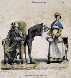 Zieke, dokter kijkt in de pot en bediende. Cartoon van Parijse zeden door Pigal (19e eeuw), bewaard in het Musée Dobree in Nantes.