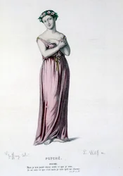 Het personage Psyche in de tragi-komedie en ballet Psyche, Moliere en Corneille - Volledig Theater: (Verzameling toneelstukken van Corneille) tekening door Geffroy, gravure door L. Wolff - uitgegeven door Laplace, Sanchez et Cie, Parijs 1884