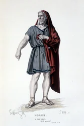 Het personage van de oude Horace in de tragedie Horace - Volledig Theater: (Collectie van toneelstukken van Corneille) tekening door Geffroy, gravure door L. Wolff - ed. Laplace, Sanchez et Cie, Parijs 1884