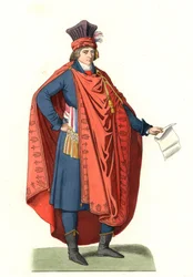 Kostuum van een vertegenwoordiger van het volk, Frankrijk 18e eeuw, naar een eigentijdse gravure - Lithografie gebaseerd op een illustratie van Edmond Lechevallier-Chevignard (1825-1902), uit 