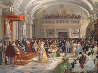 Het huwelijk van Hendrik van Bourbon, koning van Navarra, met Margaretha van Valois in aanwezigheid van Catharina de
