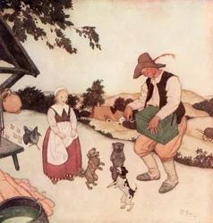 "En toen hij Witte Caroline zag, begon hij op zijn orgel de mooiste melodieën te spelen die mogelijk waren te horen, en de drie kleine honden begonnen samen te dansen", illustratie uit het Vlaamse sprookje Witte Caroline en Zwarte Caroline