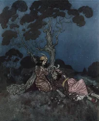 Belle en het Beest: de Belle bang voor het Beest ligt naast haar, ca. 1910