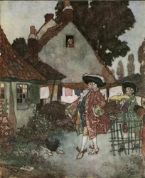 Assepoester: de minister zoekt in alle huisjes en huizen van het koninkrijk naar het meisje dat haar glazen muiltje verloor, ca. 1910 (lithografie)