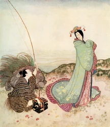 ‘Urashima was zo betoverd dat hij geen woord kon uitbrengen’, illustratie uit het Japanse sprookje Het verhaal van Urashima Taro, uit Edmund Dulacs sprookjesboek: Sprookjes van de geallieerde naties, gepubliceerd in 1916