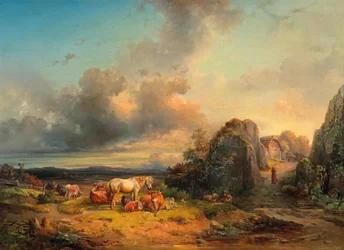 Kudde dieren en figuurlijke stafage voor een weids landschap