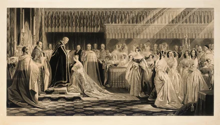 De kroning van Hare Majesteit Koningin Victoria, in Westminster Abbey, 28 juni 1838, gegraveerd door Charles Edward Flagstaff