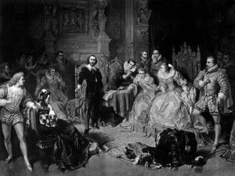 William Shakespeare (1564-1616) aan het hof van Koningin Elizabeth I, gegraveerd door Pierre Cottin, circa 1864 (mezzotint)