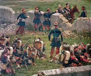 Avond van de slag bij Rezonville Gravelotte. Grenadiers van de Keizerlijke Garde in rust