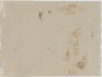 Schets van een man met opgeheven arm en schets van een helm (verso)