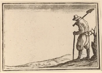 Boer met schop op zijn schouder
