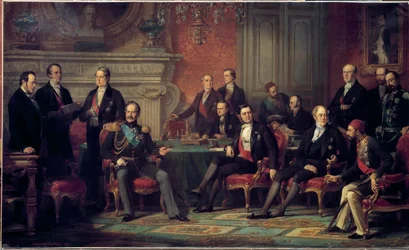 Het Congres van Parijs kwam bijeen van 25 februari tot 30 maart 1856, aan het einde van de Krimoorlog, onder Napoleon III, met de ministers van Buitenlandse Zaken van de Europese staten. Schilderij van Édouard Louis Dubufe (1820-1883). 1856. 3,08 x 5,10 m