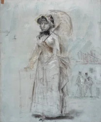 Vrouw loopt met een open paraplu, 1880