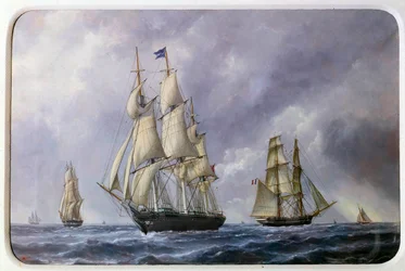 Drie Engelse matrozen en Franse baksteen in 1881. Aquarel door Edouard Adam, 1881. Parijs, Musée de la Marine