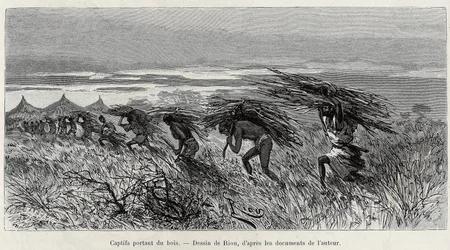 Gevangenen dragen hout in de bush. Gravure door Riou, ter illustratie van het verhaal 