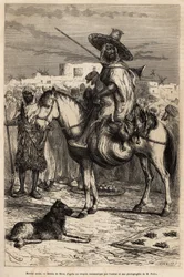 Portret van een Arabische koopman die zijn goederen (lammeren, gevogelte...) op zijn paard naar de markt brengt; de producten worden gepresenteerd in manden of op matten op de grond, gravure naar een tekening van E. Riou, ter illustratie van de reis naar T
