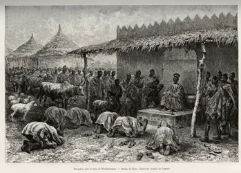 Ontvangst bij de naba Sanem, van het Mossi-koninkrijk (of Mosse) van Waghadougou (Ouagadougou, Burkina Faso). Gravure door Riou, ter illustratie van het verhaal 