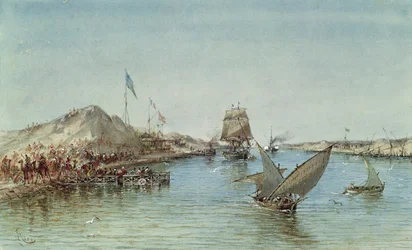 Scheepvaart op het Suezkanaal, uit een souveniralbum ter herdenking van de reis van keizerin Eugenie bij de inauguratie in 1869