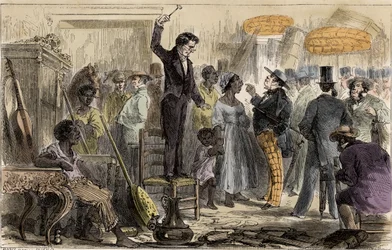 Slavenmarkt in Rio de Janeiro, Brazilië - Een slavenverkoop in Rio de Janeiro, tekening van Riou