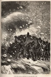 De boot van de bemanning wordt gevangen in een verschrikkelijke storm. Gravure naar een tekening van E. Riou.