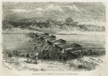 De visserij-industrie aan de rivier Eboga, die de vissen vangt, leidt door de stroomversnellingen via zijn bamboekooien, tekening door Riou, ter illustratie van het verhaal van een reis naar Gabon en de rivier Ogoue, 1875-1877, door Alfred Marche. Gravure 