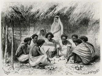 Het spel van de beker, of het spel van de vlieg, voor elke speler zijn inzet, hier een ei in het zand, dan wachten allen in stilte tot een vlieg op een ei landt en de winnaar trekt die alle inzetten wint, in Somalië (of Somaliërs). Gravure door Riou, ter i
